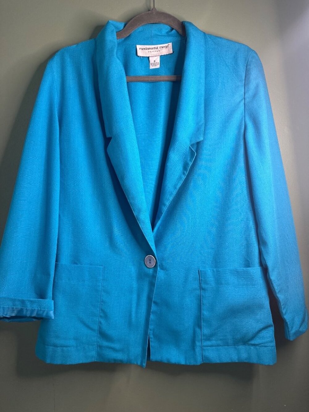 Fundamental Things Petite 8 Blue Blazer Linen Look Coastal Jacket Pockets
